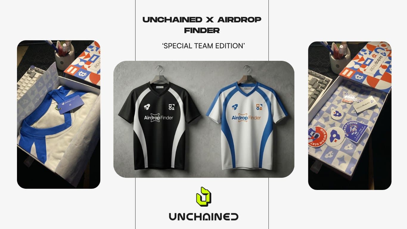 AIRDROP FINDER team apparel by UNCHAINED, with two jerseys and branded packaging